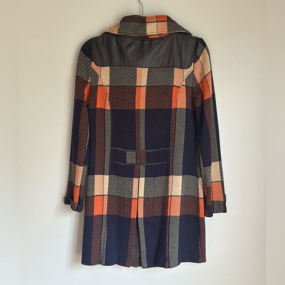 525 America Womens Orange & Navy Buffalo Plaid & Leather Trim Coat Toggle Button - Picture 10 of 10